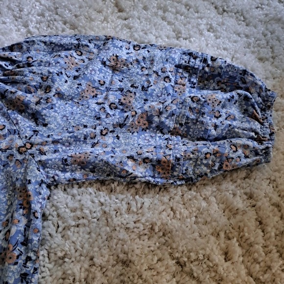 Free People Floral Button Down Blouse Blue Puff Sleeve Pleated Boho Top - Picture 11 of 12